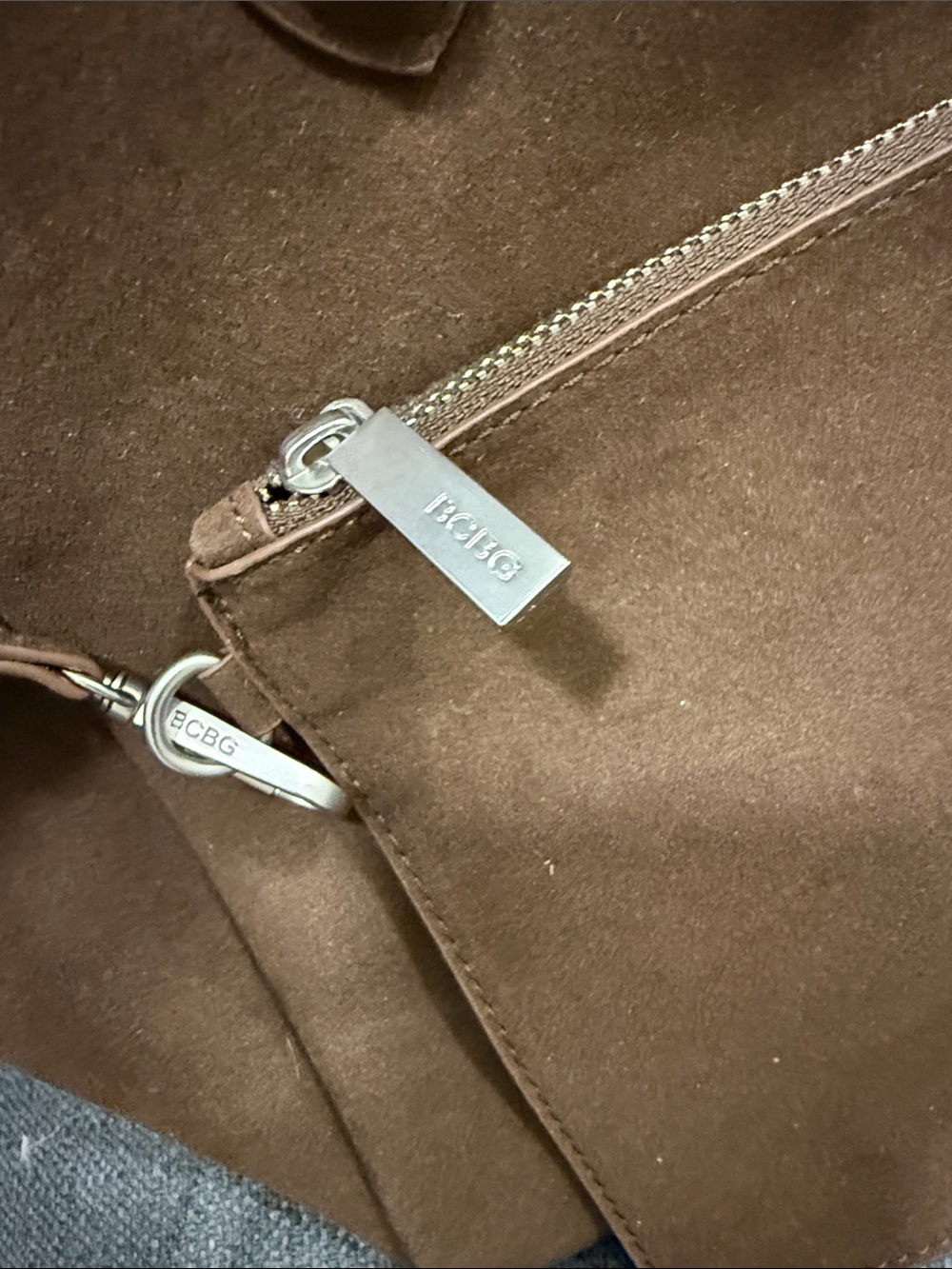 BCBG Brown Suede Shoulder Bag with Silver Hardware